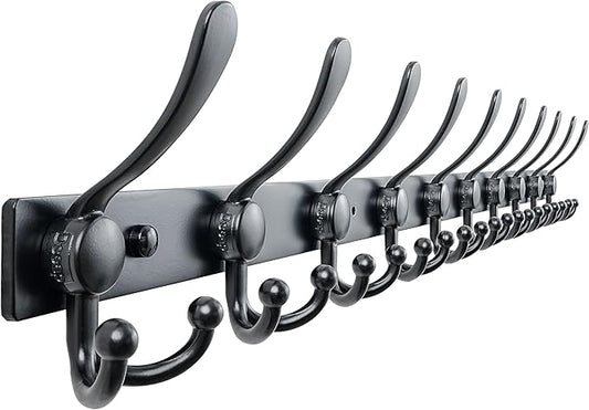 Dseap MaxStrong 2.0 Coat Rack Wall - 37” Long 10 Tri Hooks - Ultra Heavy-Duty Stainless Steel Wall Mount Coat Hanger, Hook Rail for Clothes Hats Jacket Towels Black