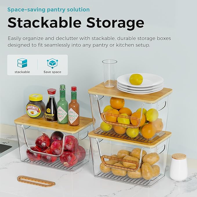 4 Set Kitchen Pantry Organizers and Storage,Potato Onion Storage Bin,Clear Open Front More Easy Access with Bamboo Top,Stackable Storage Fruit Vegetable Basket for Kitchen Counter-NeatNest