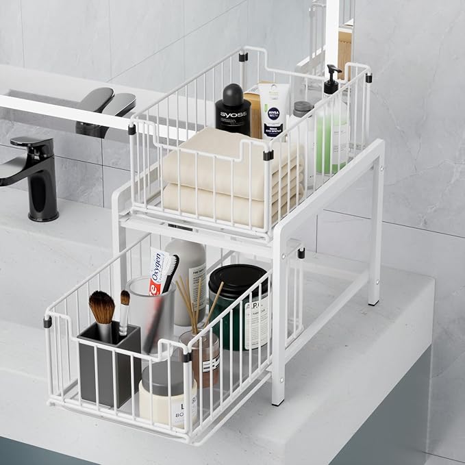 2 Tier Sliding Basket Drawer Organizer, Pull Out Under Sink Cabinets Organizers, Metal Home Shelf for Bathroom or Kitchen, Sliding Countertop or Pantry Storage Shelf, Large White-NeatNest