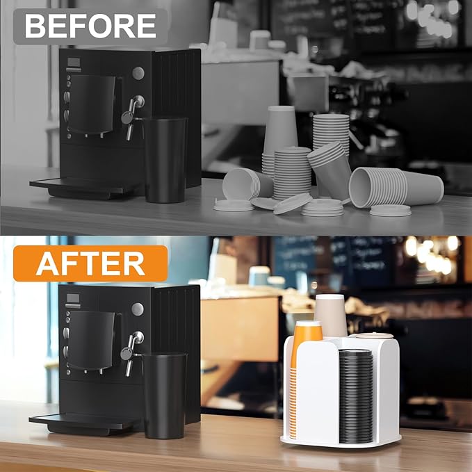 Beego Rotatable 4-Compartment White Acrylic Cup Dispenser - Coffee Station Cup and Lid Carousel Countertop Plastic Cup Holder for Restaurant Breakroom Coffee Bar-NeatNest