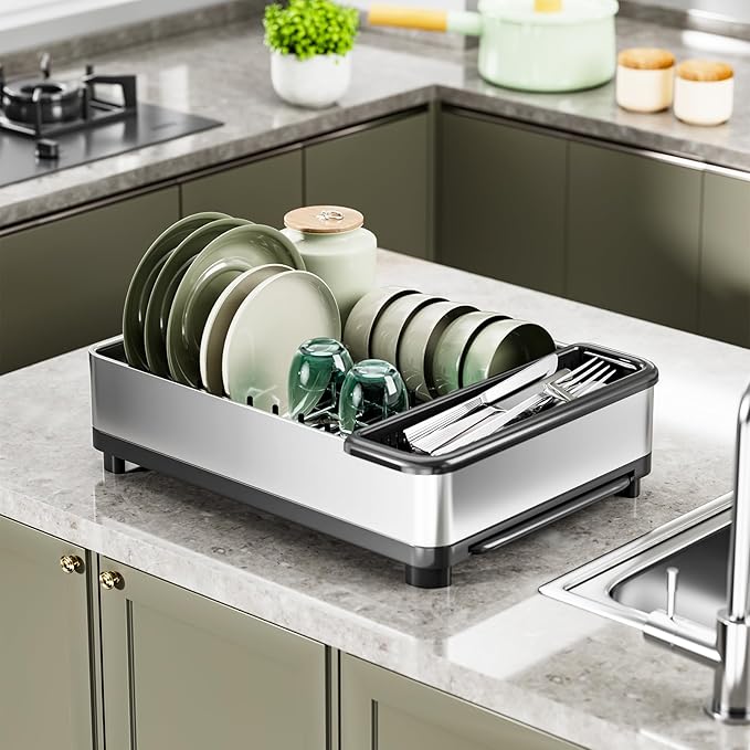 Dish Drying Rack, 304 Stainless Steel Dish Racks for Kitchen Counter, Compact Sink Dish Drainers with Drainboard & Utensil Holder, Space Saving Kitchen Organizer, Black