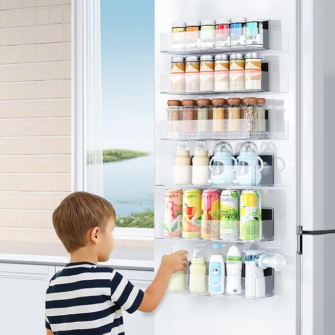 Magnetic Spice Rack for Refrigerator, Kitchen Organizer and Storage Shelf, Clear (6 Pack)…