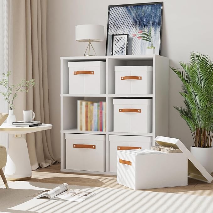 Fabric Storage Bins, 7.1 x 9.1 x 13 Inch Clothes Boxes for Shelves with Lids, Baskets for Organizing with Handles, Decorative Linen Closet Organizers, White, 1 Pack-NeatNest