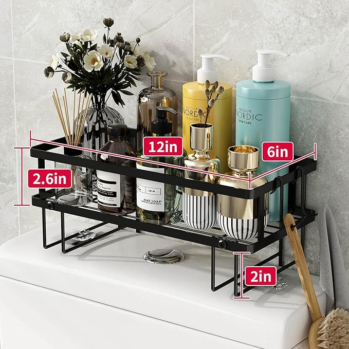 Godboat Bathroom Organizer - Over Toilet Storage, Floating Shelves with 2 Hooks, Wall Mounted Shelf Rack, Behind and Above The Tank, Gifts for Women (Black, 1-Tier)-NeatNest