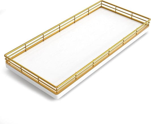 Bathroom Toilet Tank Tray, 13" Wood Toilet Paper Storage Basket Tray Back of Toilet Basket Organizer,Vanity Tray for Perfume Makeup Candle Decor, Gold & White-NeatNest