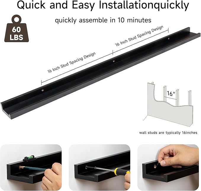 Fun Memories Picture Ledge Shelf, 48 Inch Floating Shelves Set of 2, Large Nursery Book Shelves for Toys Storage, Kids Bookshelf Wall Mounted for Wall Decor Books Photo Frames, Black-NeatNest