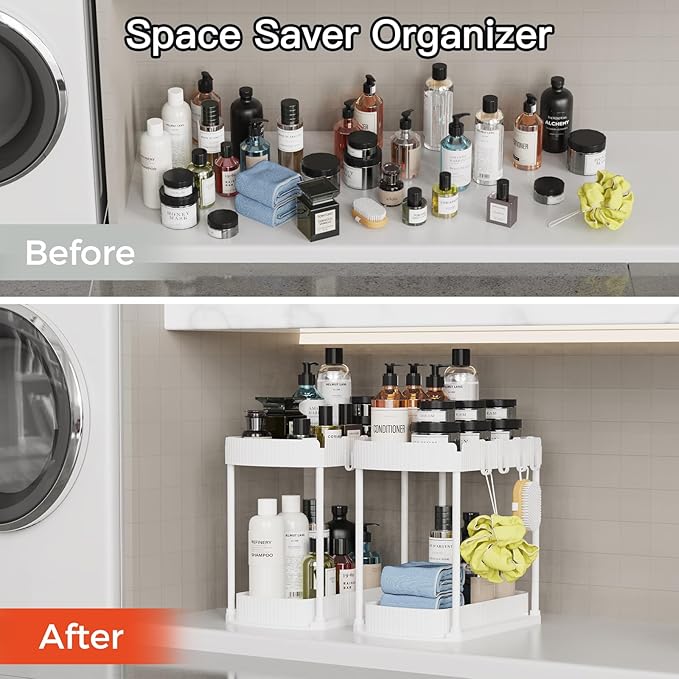 2 Pack Multi-Purpose Pull-Out Storage Organizers, Under Sink & Cabinet Storage, 12.8 Inch, White-NeatNest