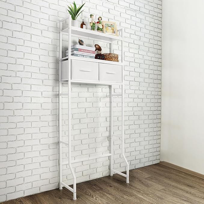 ETELI Over The Toilet Storage Cabinet with Fabric Drawers 3-Tier Over Toilet Bathroom Organizer Behind Toilet Bathroom Shelf Organizer with 4 Hooks Freestanding Bathroom Space Saver White