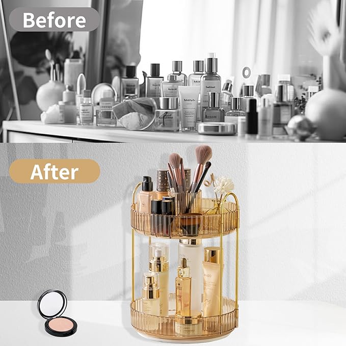 360 Rotating Makeup Organizer,2 Tier Large Capacity Make Up Organizers and Storage,Skincare Perfume Vanity Organizers,Bathroom Cosmetics Storage Organizer Countertop(Gold)-NeatNest