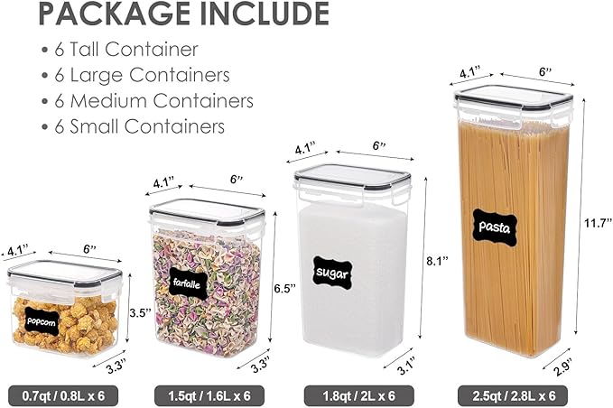 Airtight Food Storage Containers with Lids, Vtopmart 24 pcs Plastic Kitchen and Pantry Organization Canisters for Cereal, Dry Food, Flour and Sugar, BPA Free, Includes 24 Labels，Black-NeatNest