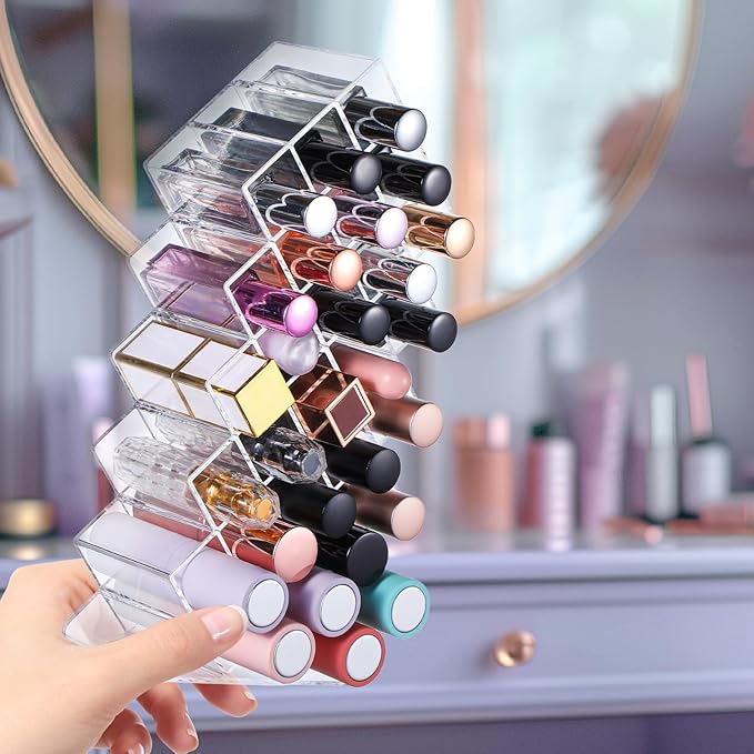 3 Pack Clear Lipstick Organier, Acrylic Lipstick Holder 28 Slots, Lip Gloss Organier, Stackable Fish Shape Lipstick Tower, Lipstick Display Case for Lipstick-NeatNest