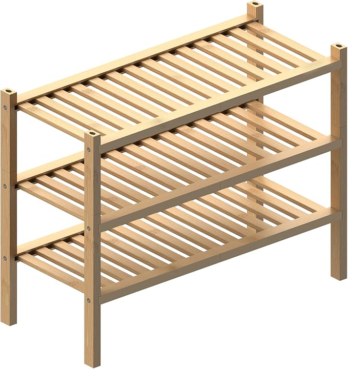 (Thick Bamboo Shoe Rack for Entryway, 3-Tier Free Standing Shoe Racks Stackable Shoe Rack Organizer for Hallway Closet Living Room 27 x12 x21 Inches-NeatNest