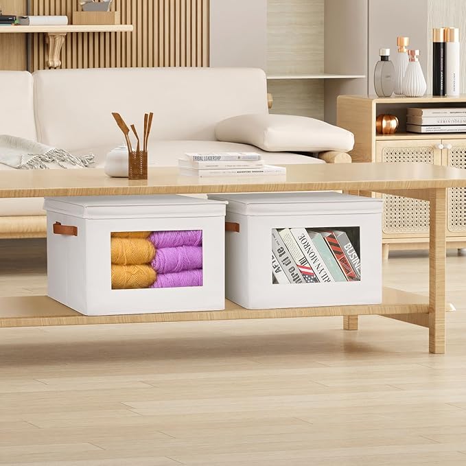 Univivi Storage Boxes with Lids Fabric Foldable Storage Bin for Clothes, [3-Pack] Closet Organizer Containers boxes with Handles for Home, Bedroom, Closet Storage (Beige,17” x 12” x 12")-NeatNest