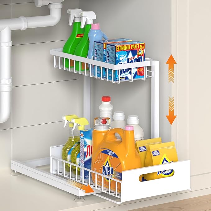 Under Sink Organizer Storage 2-Tier Premium Metal Pull-Out Racks, Height Adjustable, Easy Installation | Kitchen & Bathroom Organizers Pack of 1 White-NeatNest