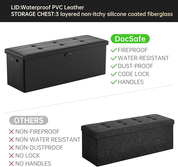 DocSafe Storage Ottoman Bench,Fireproof＆Waterproof Folding Bench with Lock(15”x 43”x15”),Leather Storage Chest with Handles＆2 Extra Boxes,Ottoman Safe for Bedroom,Living Room,Home Office,Black-NeatNest