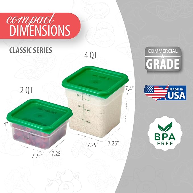 Cambro Food Storage Container with Lid (Microwave Safe and BPA-Free) - 2 Pack - Classic Series Square with Green Lid - 2 and 4 QT (Quart) - Commercial Grade for Food Prep (Translucent)-NeatNest