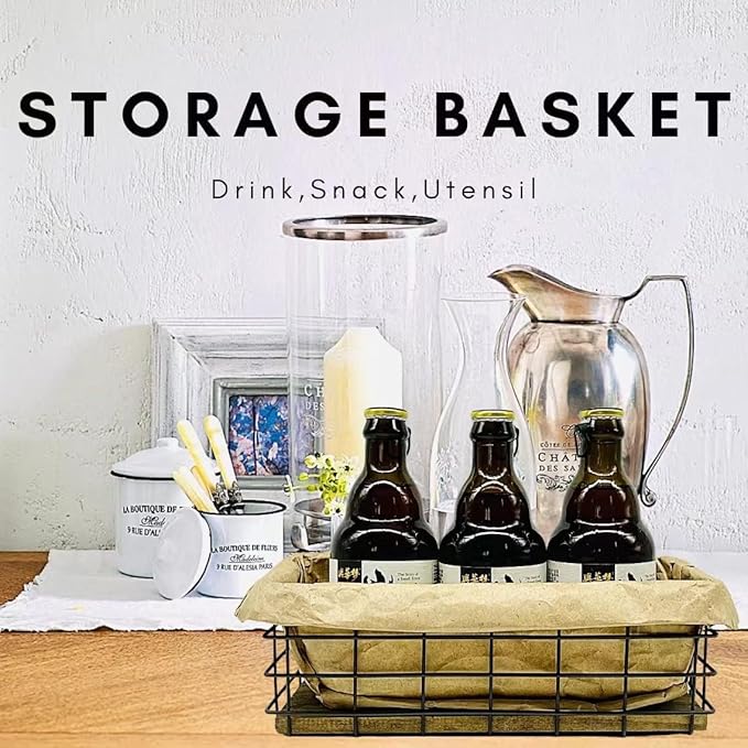 HUA HUALINK- Small Metal Wire Storage Basket, Detachable Wood Base Storage Organizer Bin Basket for Kitchen Cabinets, Bathroom, Pantry, Garage, Laundry Room - Brown