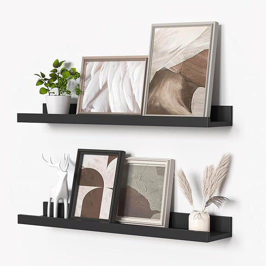 Heimlove Picture Ledge Shelf, Floating Shelves Set of 2, 24 Inches Picture Shelf for Wall with Ledge, Kids Bookshelf Wall Mounted for Living Room Bedroom Decor Books Photo Frames - Black-NeatNest
