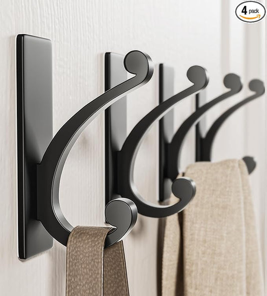 Adhesive Wall Hook for Towel/Coat - Extra Sticky 10LB Stainless, Stick on Hanger for Bath or Shower, Matt Black 4-Pack