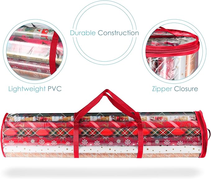 Hearth & Harbor Wrapping Paper Storage Container and Clear Wrap Paper Holder - Christmas Storage Bag with Interior Pockets - Fits Up to 36 Rolls of 40" - Tear Proof, Red-NeatNest