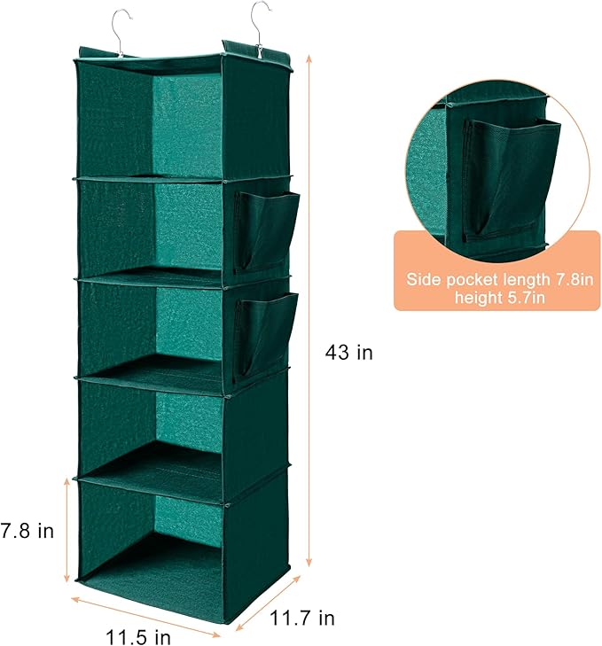 BOOMIBOO Hanging Closet Organize and Shelves，5-Hanging Shelf with 2 Side Pockets，Storage Foldable （Green）-NeatNest