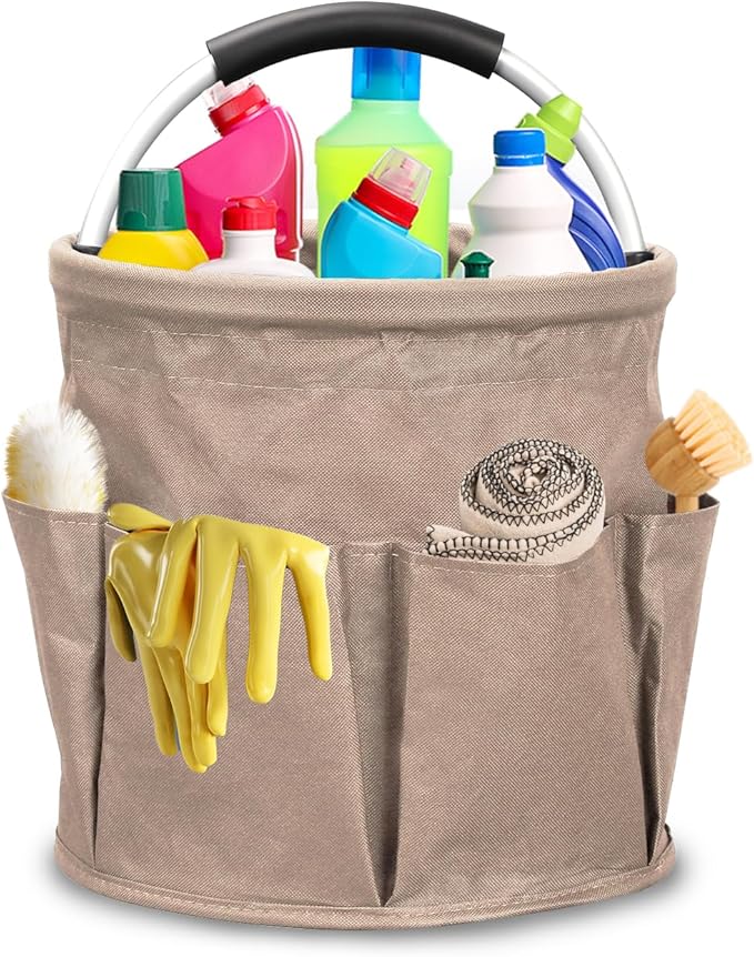 Qivine 17L Cleaning Caddy with Handle, Cleaning Supply Caddy Foldable Cleaning Caddy Cleaning Products Organizers Portable Cleaning Bucket Organiser for Storing Towels (Khaki)