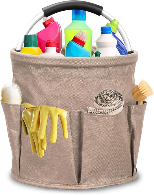 Qivine 17L Cleaning Caddy with Handle, Cleaning Supply Caddy Foldable Cleaning Caddy Cleaning Products Organizers Portable Cleaning Bucket Organiser for Storing Towels (Khaki)