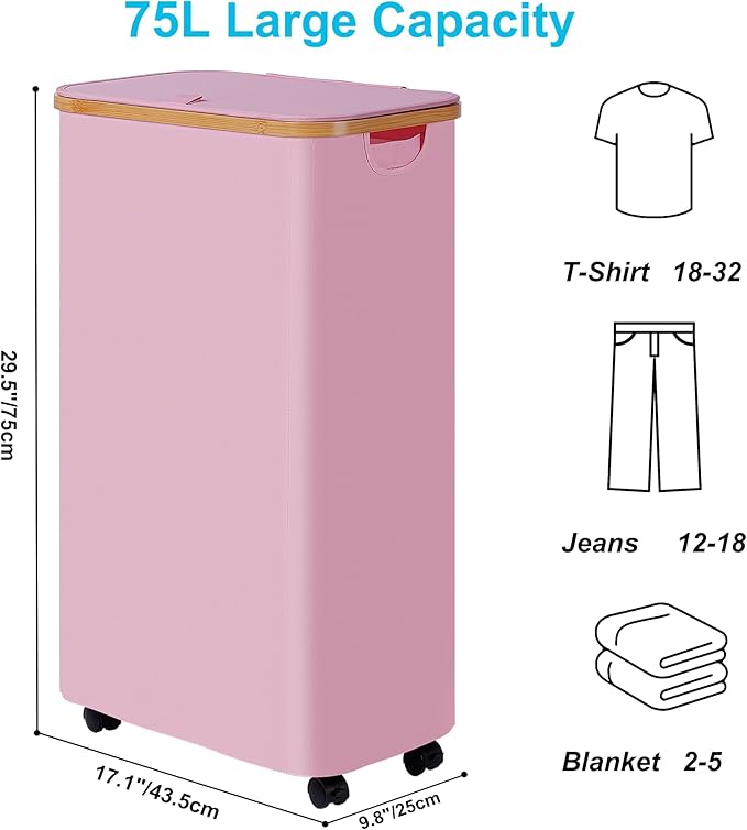 efluky Slim Laundry Basket with Wheels, Narrow Rolling Laundry Hamper with Lid and Removable Bag, Tall Aesthetic Dirty Clothes Hamper on Wheels for Laundry Room, Bedroom, Dorm and Bathroom, 75L Pink-NeatNest
