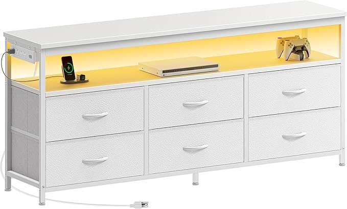 Huuger LED TV Stand for Bedroom, 55 Inch Fabric Dresser with Power Outlets, Entertainment Center for 60, 55, 50 Inch TV, 6 Drawer Dresser for Bedroom, Chest of Drawers with Shlef, PU Leather, White-NeatNest