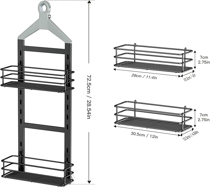 Orimade Adjustable Anti-slip Shower Caddy over Head, Rustproof Bathroom Hanging Organizer with 2 Hooks for Razor, No Drill Shower Shelves Storage Rack 2 Tier, Grey
