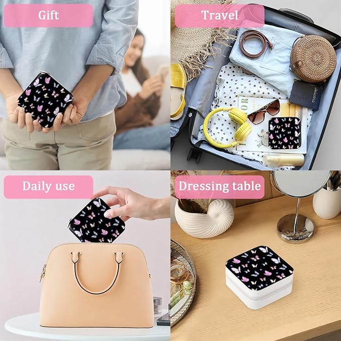 Butterfly Small Travel Jewelry Organizer, Necklace Box with Mirror, Leather Mini Travel Jewelry Case, Best Present for Women's and Girls-NeatNest