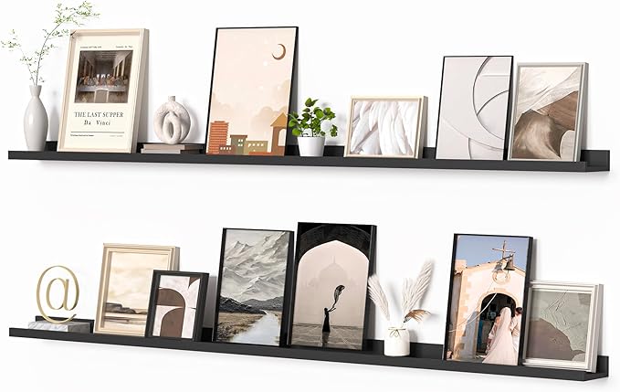 Heimlove Picture Ledge Shelf, Floating Shelves Set of 2, 72 Inches Long Large Picture Shelf for Wall with Ledge, Kids Bookshelf Wall Mounted for Living Room Bedroom Decor Books Photo Frames, Black-NeatNest