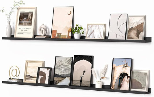 Heimlove Picture Ledge Shelf, Floating Shelves Set of 2, 72 Inches Long Large Picture Shelf for Wall with Ledge, Kids Bookshelf Wall Mounted for Living Room Bedroom Decor Books Photo Frames, Black-NeatNest
