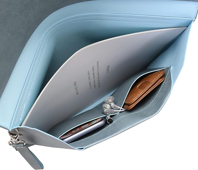 Wonderpool Envelope Case A4 PU Leather File Jacket Pocket Folder Document Case Bag with Removable Hand Strap and 4 Pocket for Documents Tablet Phone Stationery (Sky Blue)