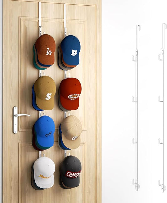 HapiRm Over Door Hat Rack - 2 Packs Hat Organizer with 8 Hooks Design, Hanging Baseball Cap Organizer Storage Holds Up to 40 Caps for Door, Bedroom, Closet (White)-NeatNest