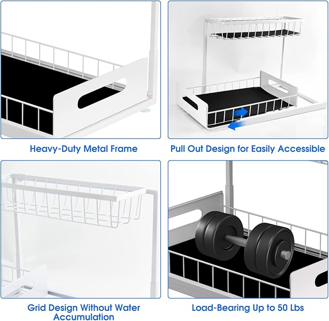 2 Pack Under Sink Organizer, 2 Tier Under Sink Organizers and Storage Multi-Purpose Under Sink Storage for Bathroom Kitchen (White)-NeatNest