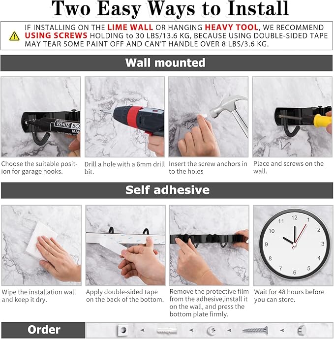 AceMining 2 Pack Black 5 Racks and 4 Hooks Mop and Broom Holder Wall Mount, Broom Organizer Storage Tool Racks Stainless Steel Heavy Duty Hooks Self Adhesive Solid Non-slip for Home Kitchen Garden-NeatNest