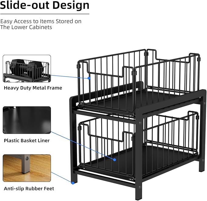 2 Tier Sliding Basket Drawer Organizer, Lxmons Pull Out Under Sink Cabinets Organizers, Metal Home Shelf for Bathroom or Kitchen, Sliding Countertop or Pantry Storage Shelf, Large Black-NeatNest