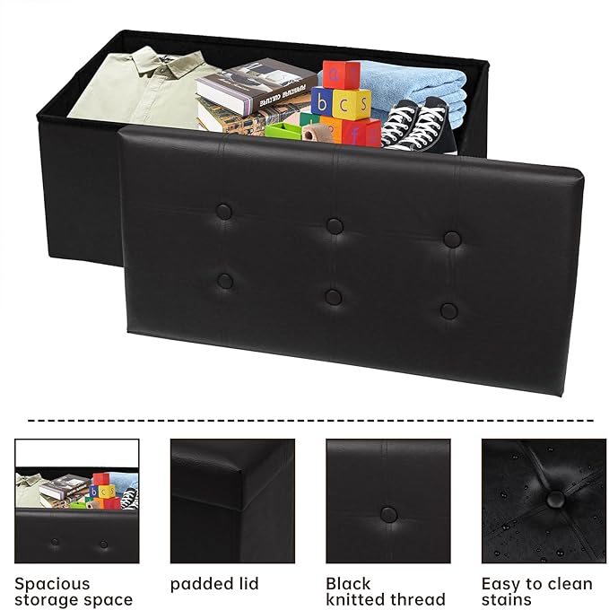 30 Inches Folding Storage Ottoman Bench, Faux Leather Footrest Ottoman, Storage Trunk Footrest for Bedroom, Living Room and Hallway, Support 350lbs, Black Black line