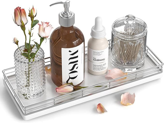 Bathroom Tray for Counter, Oak Wooden 11.2" L Vanity Tray for Jewelry Candle Makeup Perfume, Holder for Coffee Table Decor Bar Silver-NeatNest