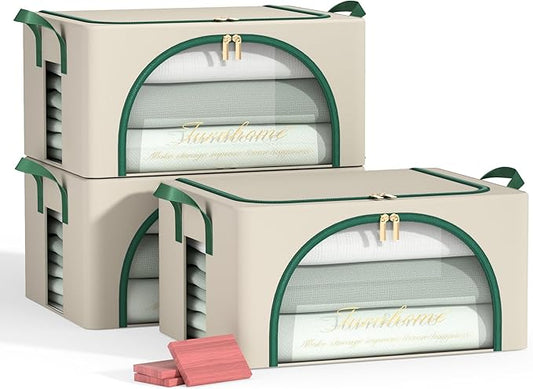Furnhome 3 pack Clothes Storage Bins with metal Frame, sweater storage for closet, Stackable Storage bins for clothes, Foldable Clothing Storage bins with Cedar Blocks& Windows&Zippers|24L-Dark Green