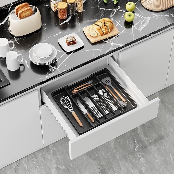 Aujen Silverware Organizer - Expandable Kitchen Drawer Organizer, Adjustable Utensil Organizer, Cutlery Tray for Forks, Knives, Multipurpose Kitchen Organizers and Storage Solution, Black, Medium-NeatNest
