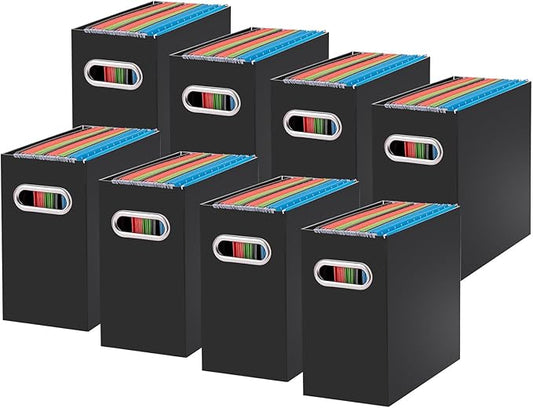 Oterri File Organizer, 8 Packs Small Storage Box, Cardboard File Folder Organizer, Collapsible File Box for Hanging File Folders Letter Size, Portable Filing Organizer with Handle (Black
