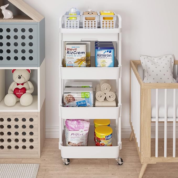 Calmootey 4-Tier Rolling Utility Cart with Drawer,Multifunctional Storage Organizer with Plastic Shelf & Metal Wheel,Storage Cart for Kitchen,Bathroom,Living Room,Office,White-NeatNest