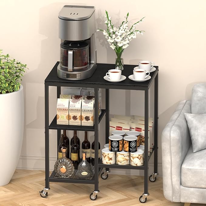 Kitchen Microwave Cart,Microwave Stand with Wheels,Coffee Bar Table Station,4-Tier Rolling Baker's Rack,Small Appliance Storage Shelf,Utility Side Table for Kitchen,Living Room (Black)
