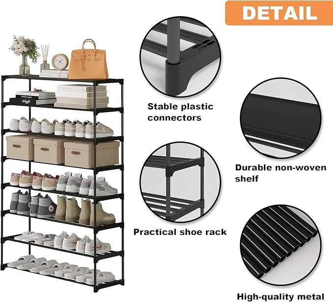 Calmootey 8-Tier Shoe Rack, Tall Large Capacity 40 Pairs Shoes Storage Organizer, Stackable Wide Shoe Shelf for Entryway, Hallway, Black-NeatNest