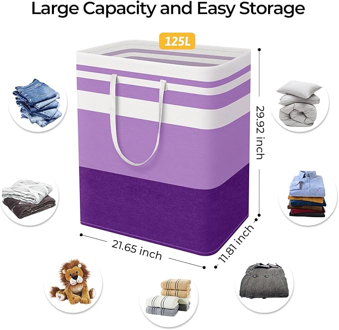 HomeHacks 2 Pack Large Laundry Baskets, Waterproof, Freestanding Laundry Hampers, Collapsible Clothes Hamper with Reinforced Handles in Laundry, College Dorm, Bathroom, Bedroom (Purple, 125Lx2)-NeatNest