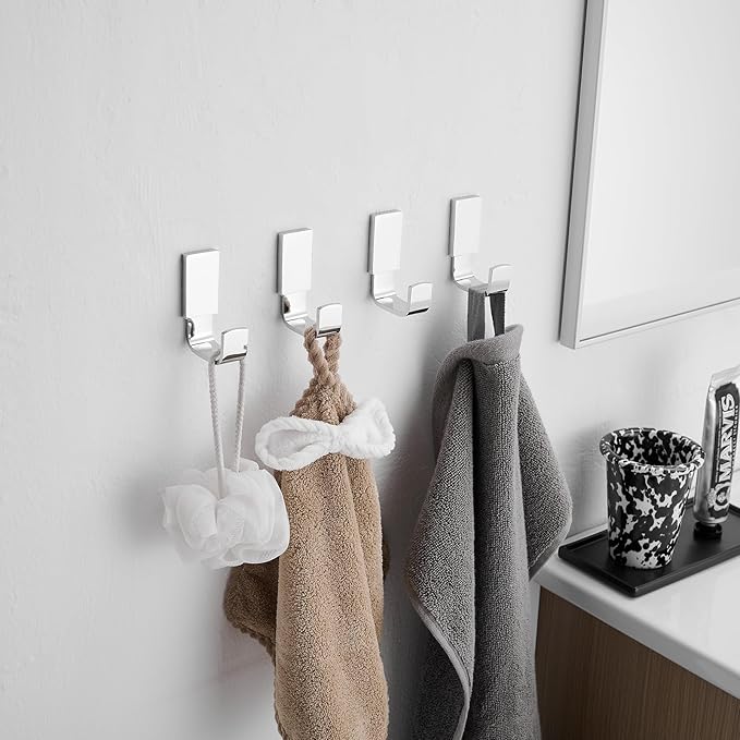 BESy Brass Clothes Hook Single Towel Hook for Bathroom Kitchen Garage Square Style Robe Hooks Coat and Hat Hook, Self Adhesive with Glue or Wall Mounted with Screws, Four Packs, Polished Chrome-NeatNest