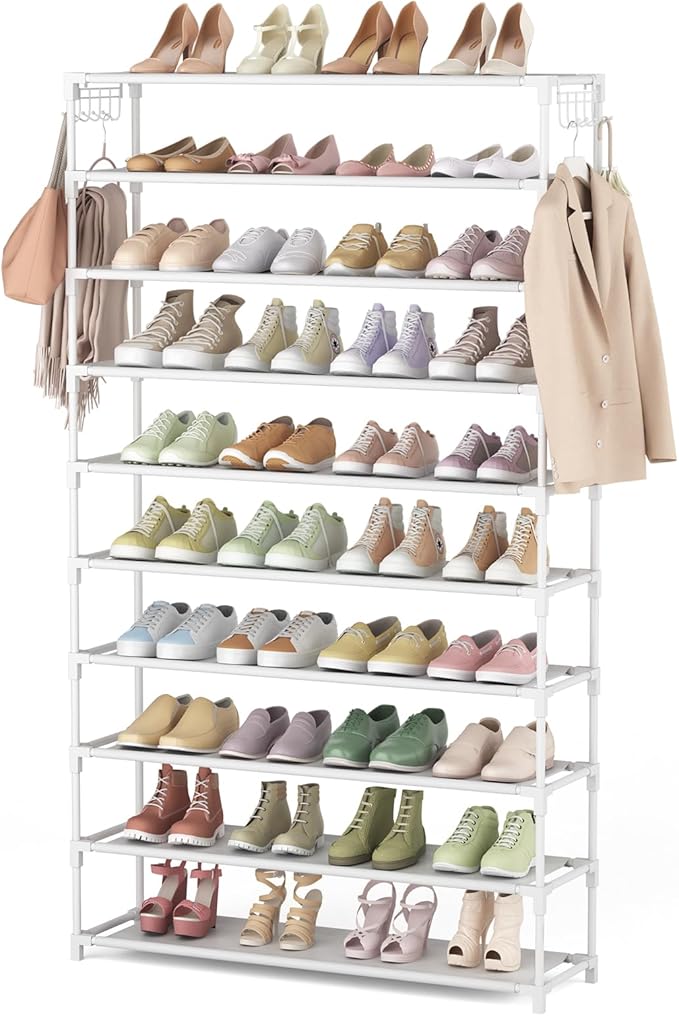 10 Tiers Shoe Rack 50 Pairs Large Capacity Tall Shoe Organizer Sturdy Shoe Storage with Two Hooks Space Saving Metal Wide Shoe Rack for Closet, Entryway, Bedroom, White-NeatNest