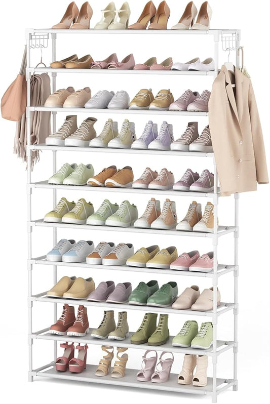 10 Tiers Shoe Rack 50 Pairs Large Capacity Tall Shoe Organizer Sturdy Shoe Storage with Two Hooks Space Saving Metal Wide Shoe Rack for Closet, Entryway, Bedroom, White-NeatNest